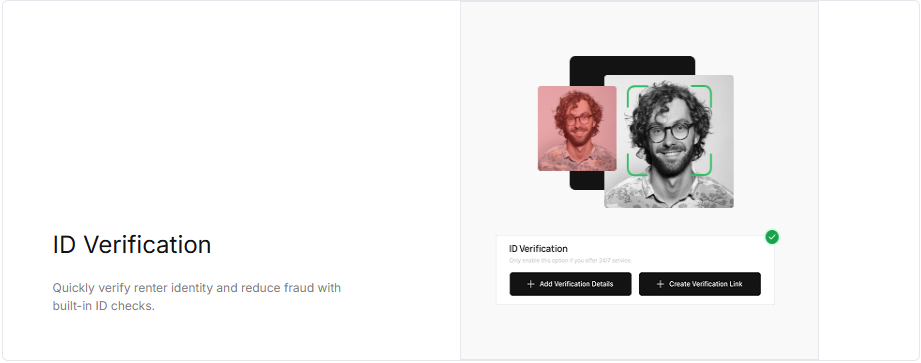 ID verification feature screen showing renter identity verification with facial recognition and options to add verification details or create a verification link.