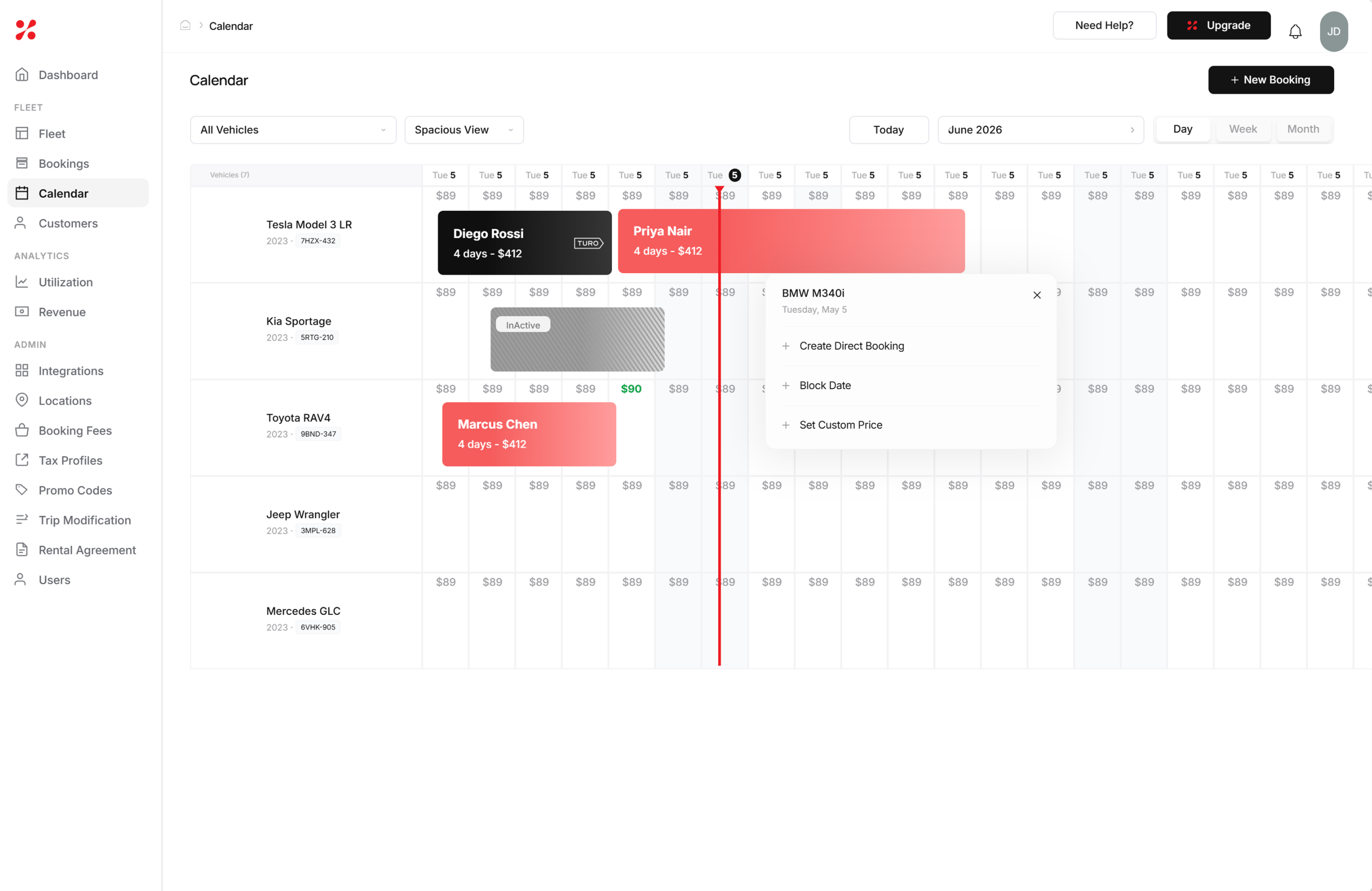 FleetHQ Turo calendar sync timeline showing blocked and available dates