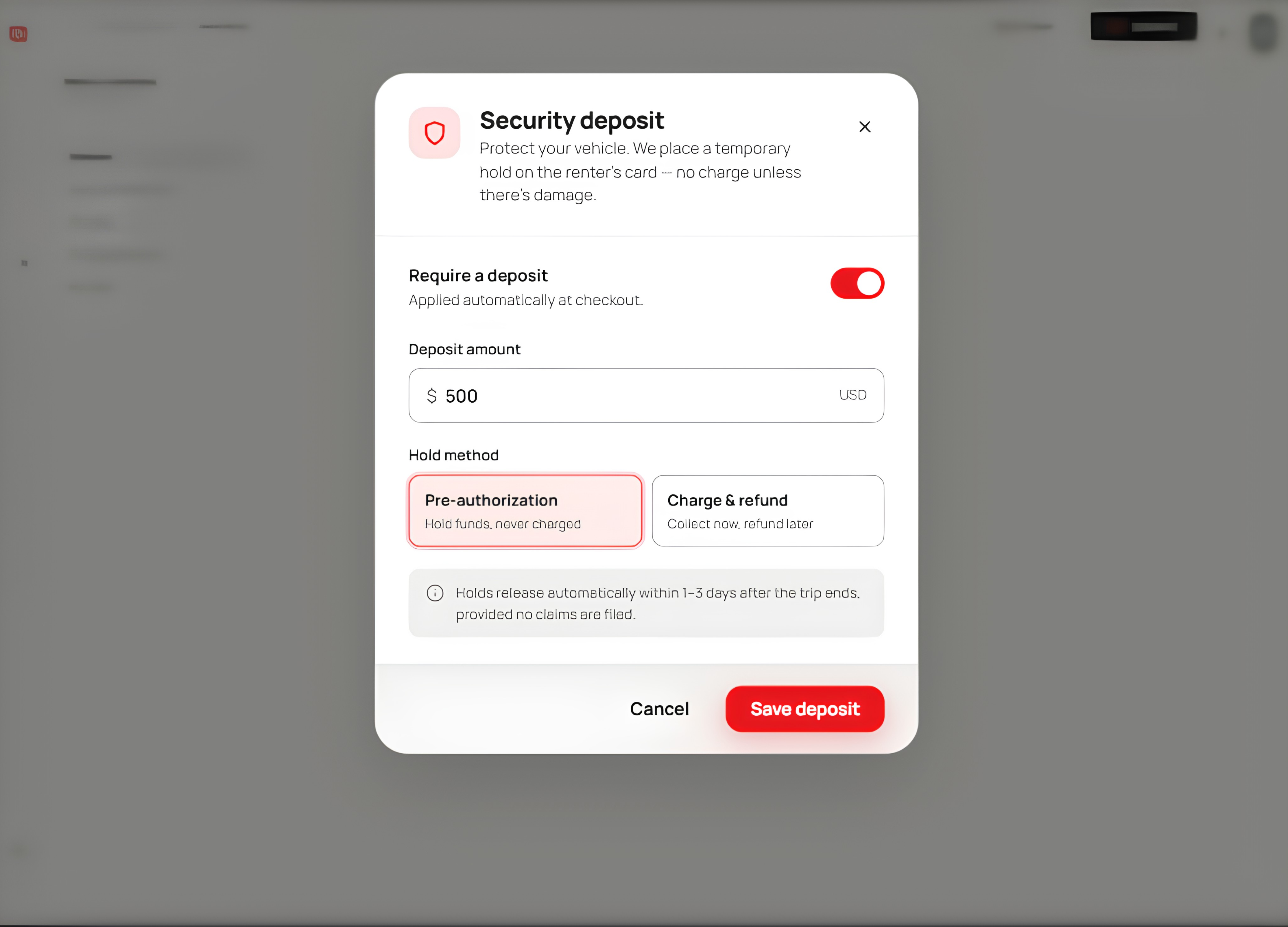 FleetHQ security deposit pre-authorization hold placed at checkout