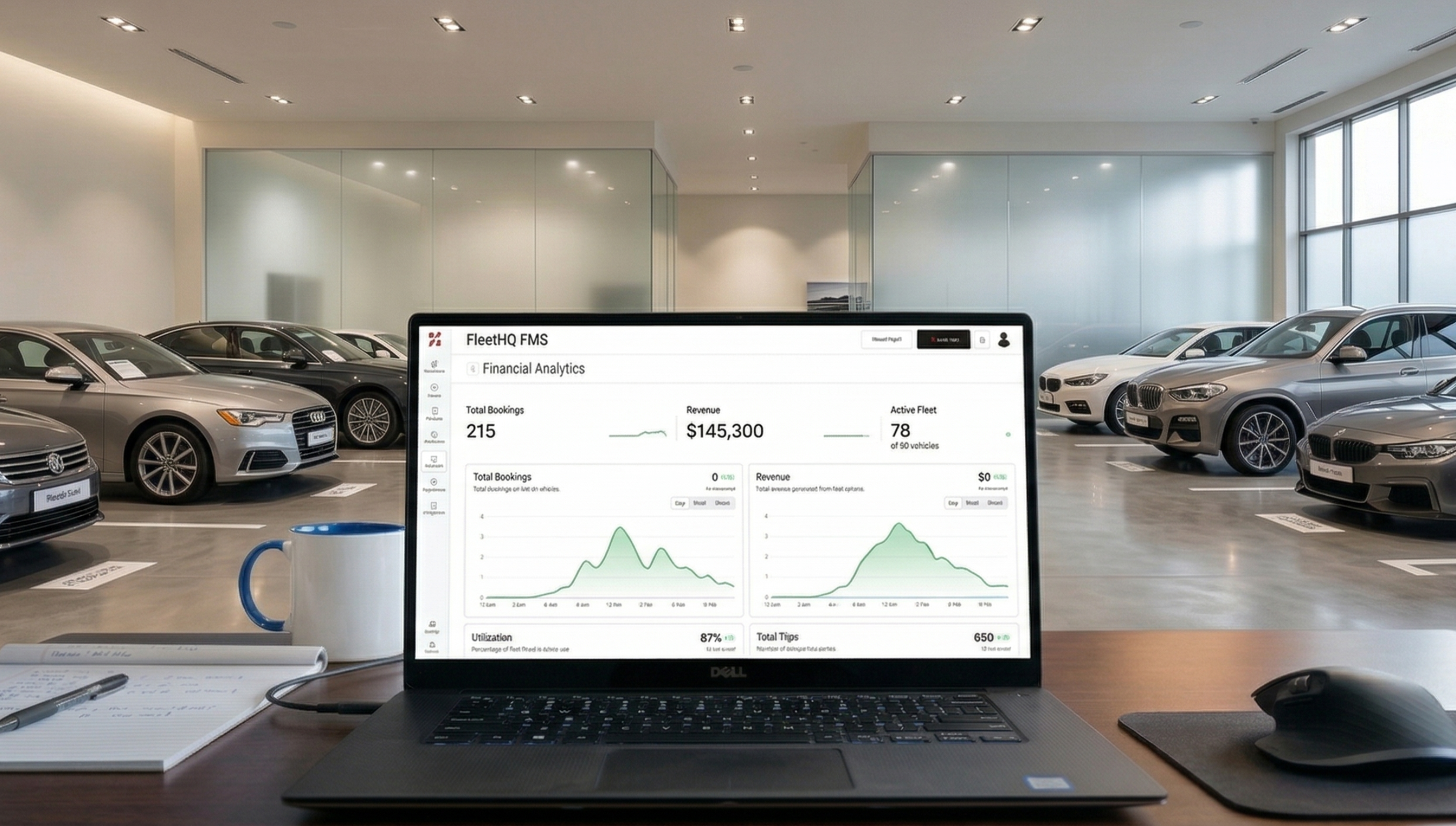 Interaface is displaying FleetHQ financial analytics dashboard for car rental management, with luxury rental vehicles parked in the background.