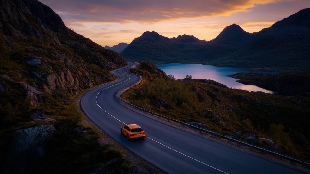 An aerial view of an orange rental vehicle driving along a winding scenic mountain road by a lake during a sunset travel trip.