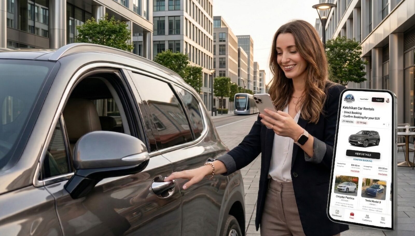 Customer booking a rental car through reservation software on a phone