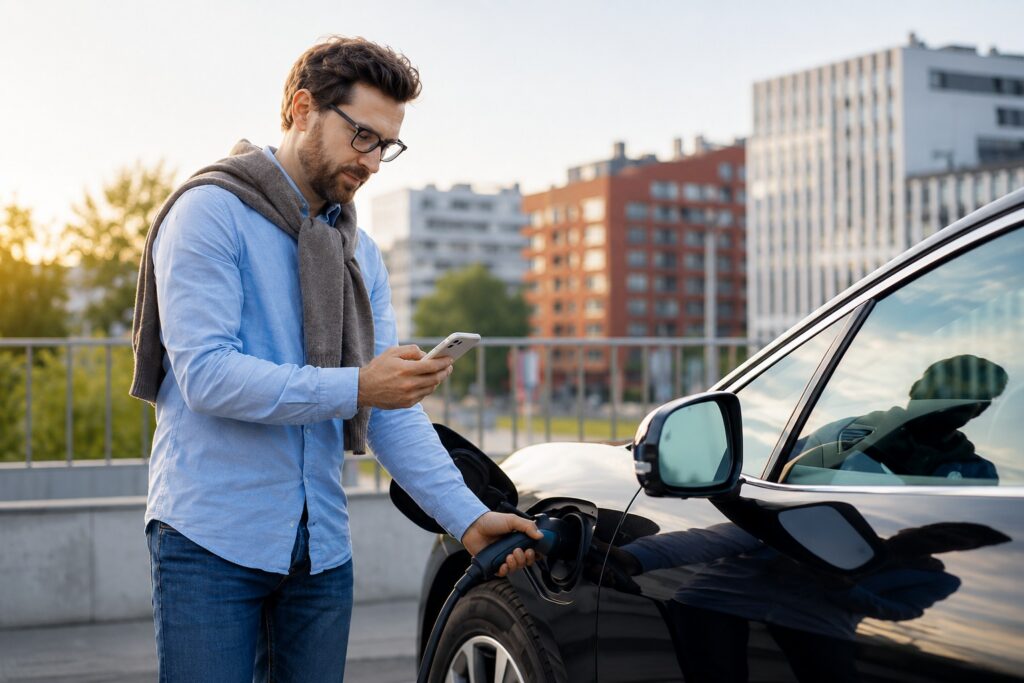 A car rental host using a smartphone to manage a Turo vs TripCity 2026 booking while charging an electric vehicle.