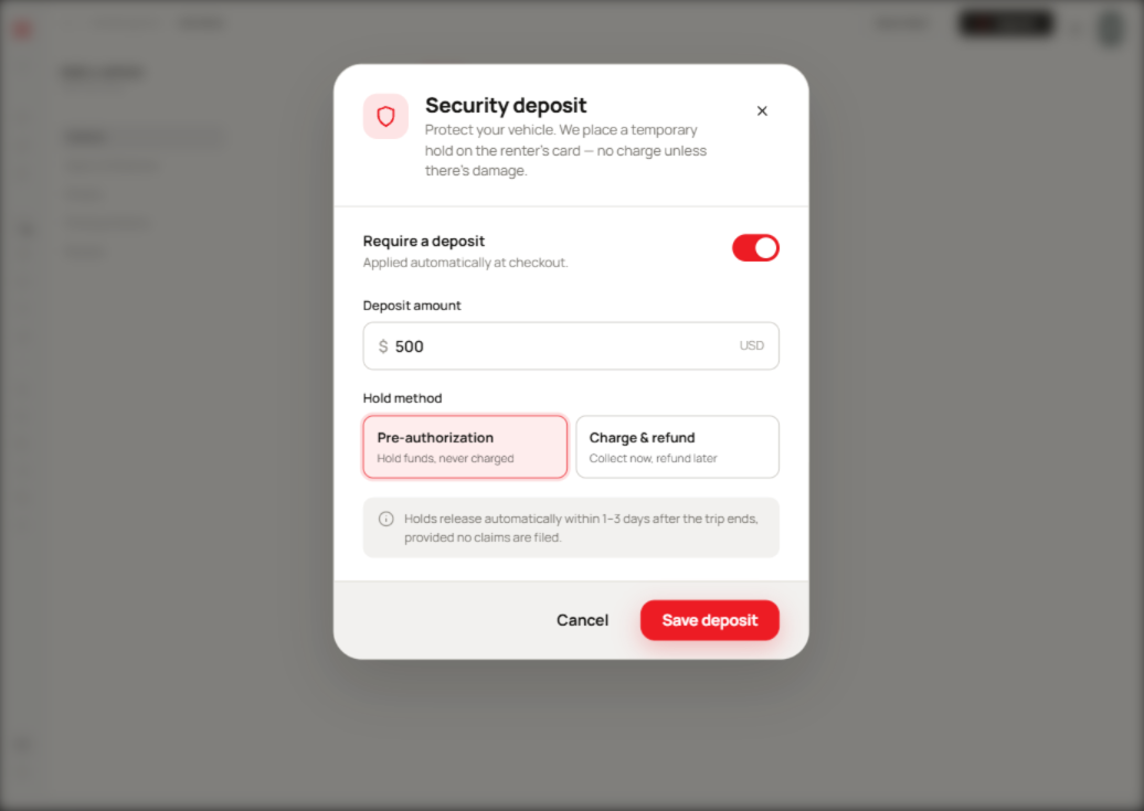 FleetHQ security deposit pre-authorization hold placed at checkout